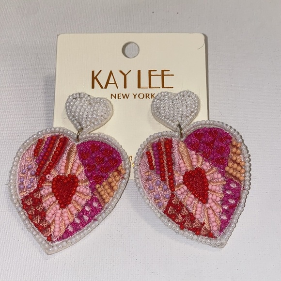 Kay Lee Red Heart Beaded Earrings NWT - Picture 1 of 4